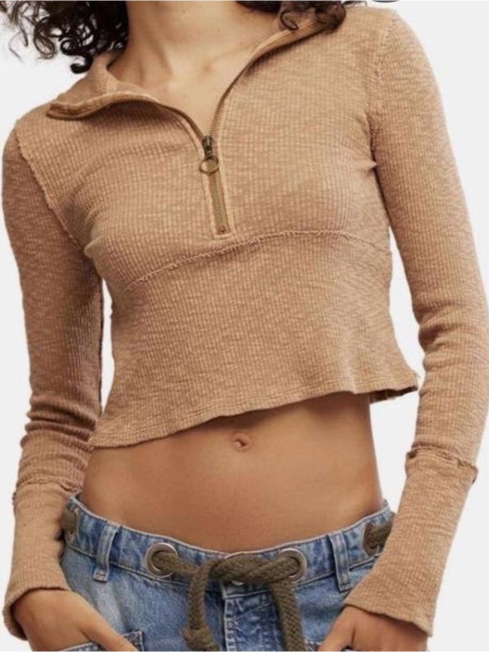 We The Free Cropped Half-Zip Ribbed Pullover in Tan Brown. PTP 20”. Length 20”